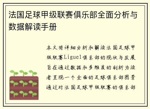 法国足球甲级联赛俱乐部全面分析与数据解读手册