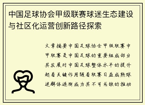 中国足球协会甲级联赛球迷生态建设与社区化运营创新路径探索