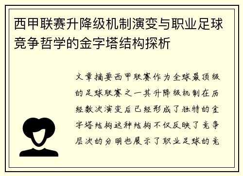 西甲联赛升降级机制演变与职业足球竞争哲学的金字塔结构探析