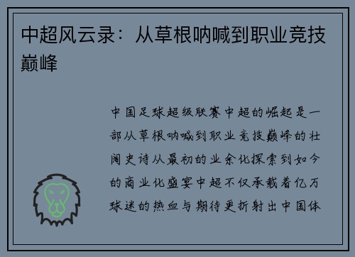中超风云录：从草根呐喊到职业竞技巅峰