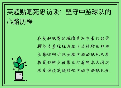 英超贴吧死忠访谈：坚守中游球队的心路历程