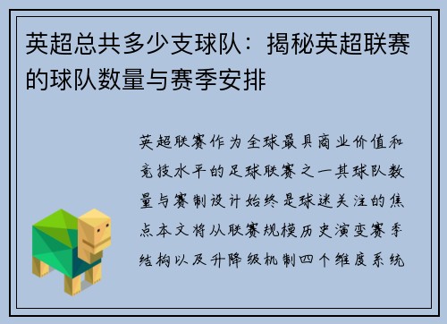 英超总共多少支球队：揭秘英超联赛的球队数量与赛季安排