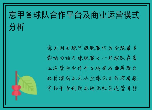 意甲各球队合作平台及商业运营模式分析