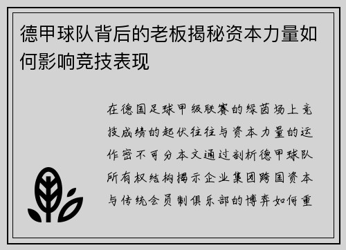德甲球队背后的老板揭秘资本力量如何影响竞技表现