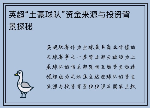 英超“土豪球队”资金来源与投资背景探秘